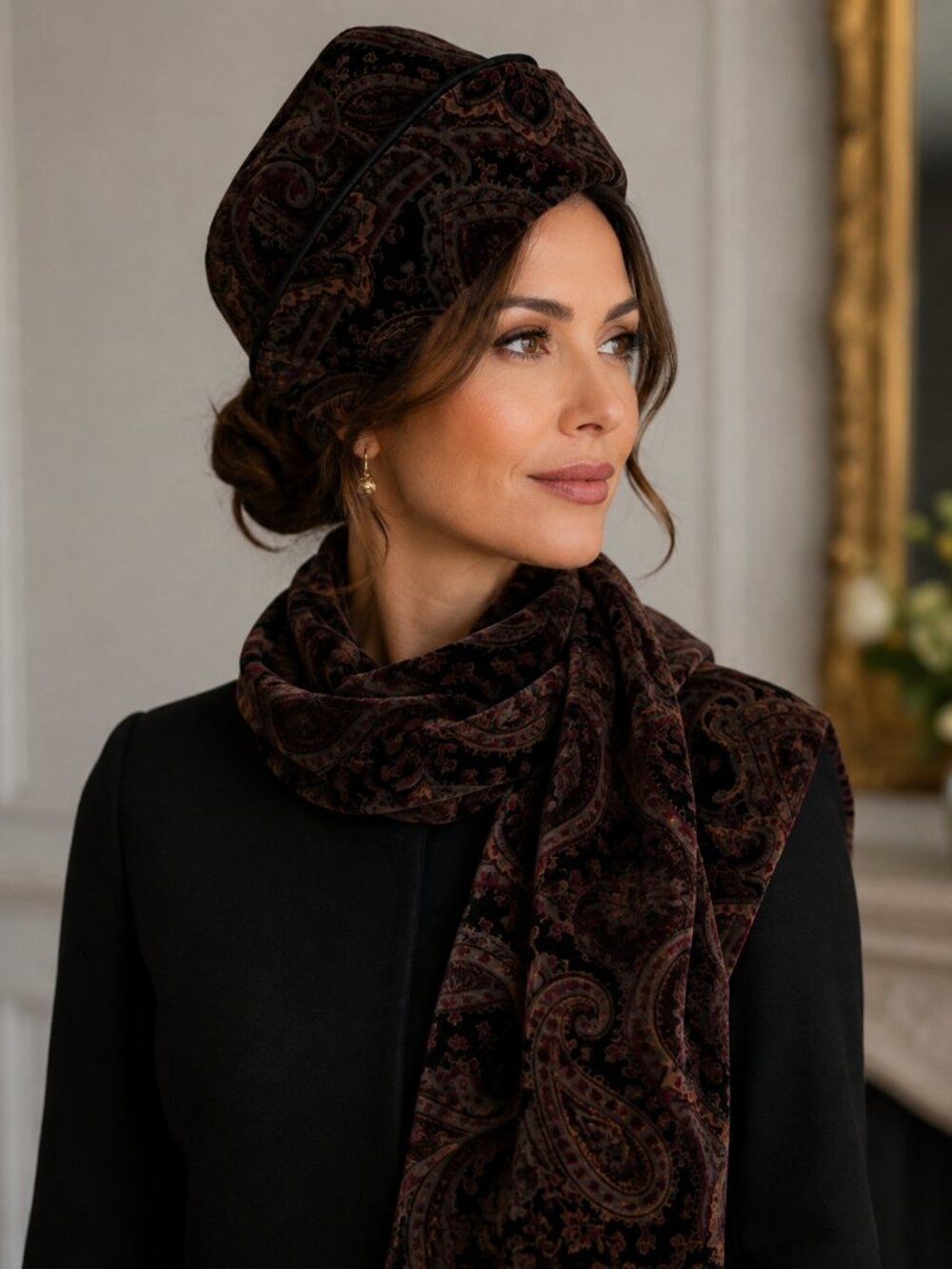 Paisley Velvet Pillbox Hat and Scarf Set